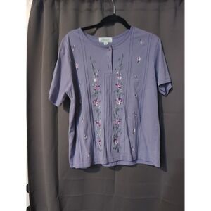 Haland Women's Large Purple Floral Shirt, Embroidered Top, Short Sleeve Blouse